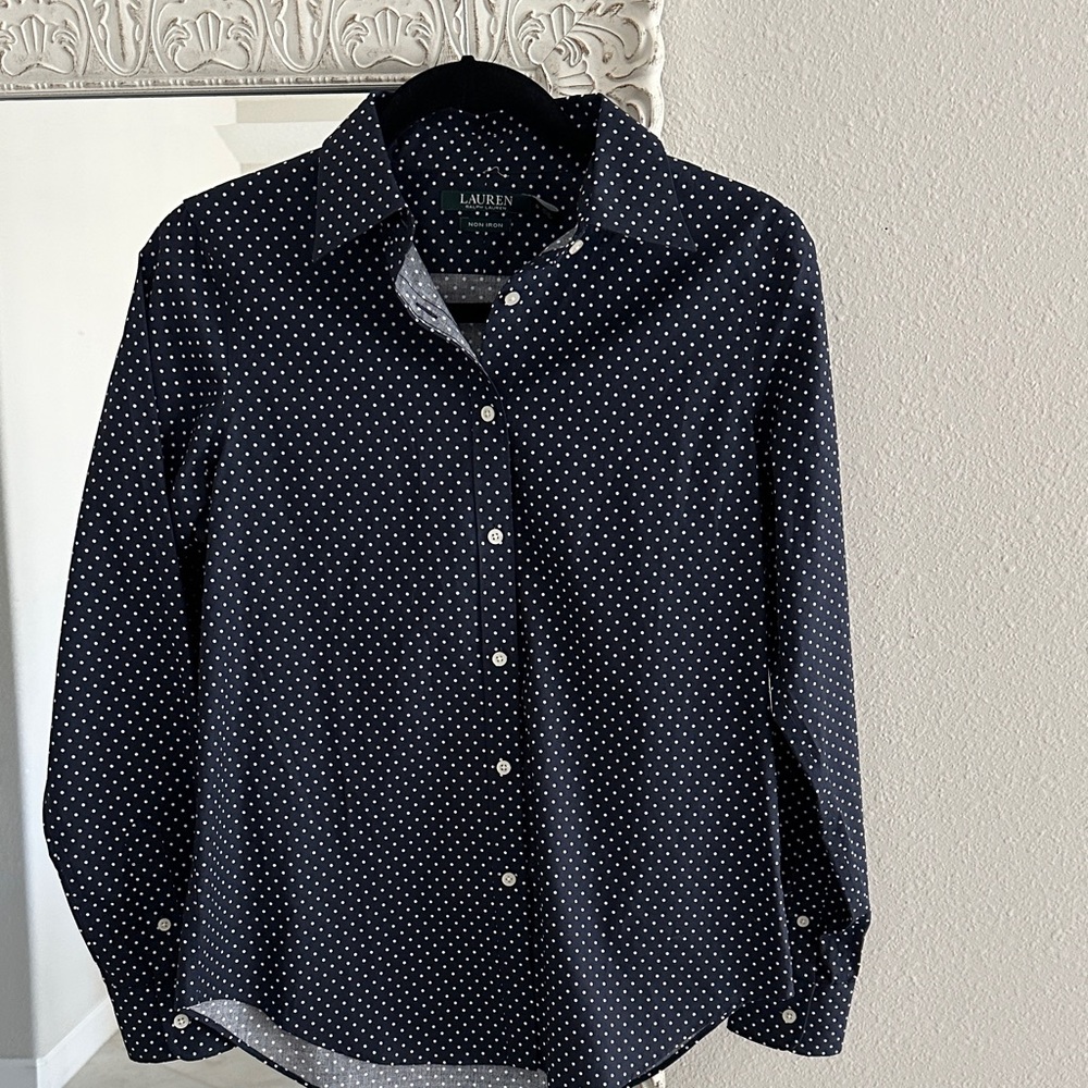 Lauren Ralph Lauren Navy with White Polka Dots Button Down Shirt